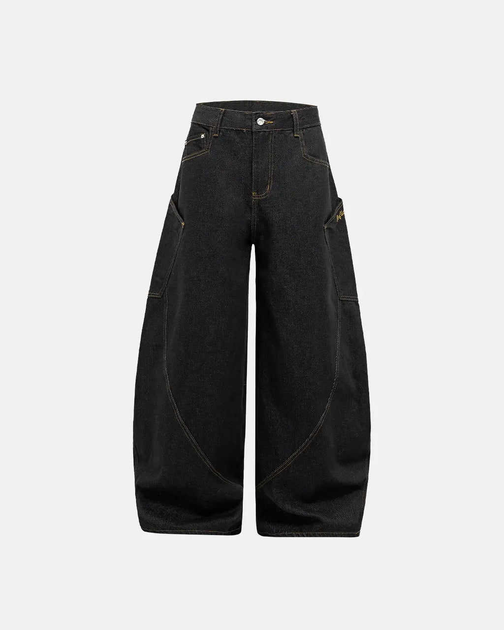 Flation Super Raw Barrel Jeans showing a relaxed fit, raw denim fabric, and stylish streetwear design on a model.
