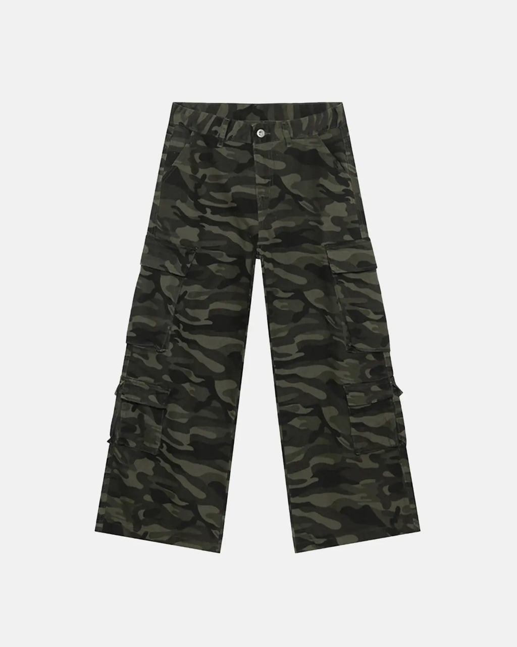 Vintage camouflage cargo pants by INFLATION featuring multiple pockets and a relaxed streetwear fit.