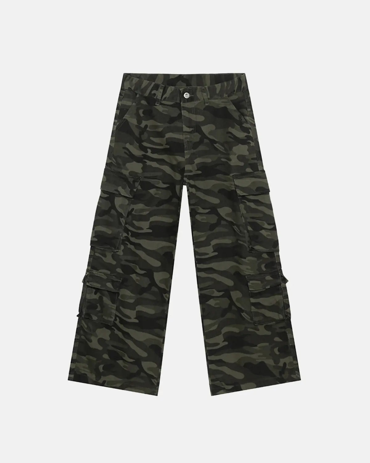 Vintage camouflage cargo pants by INFLATION featuring multiple pockets and a relaxed streetwear fit.