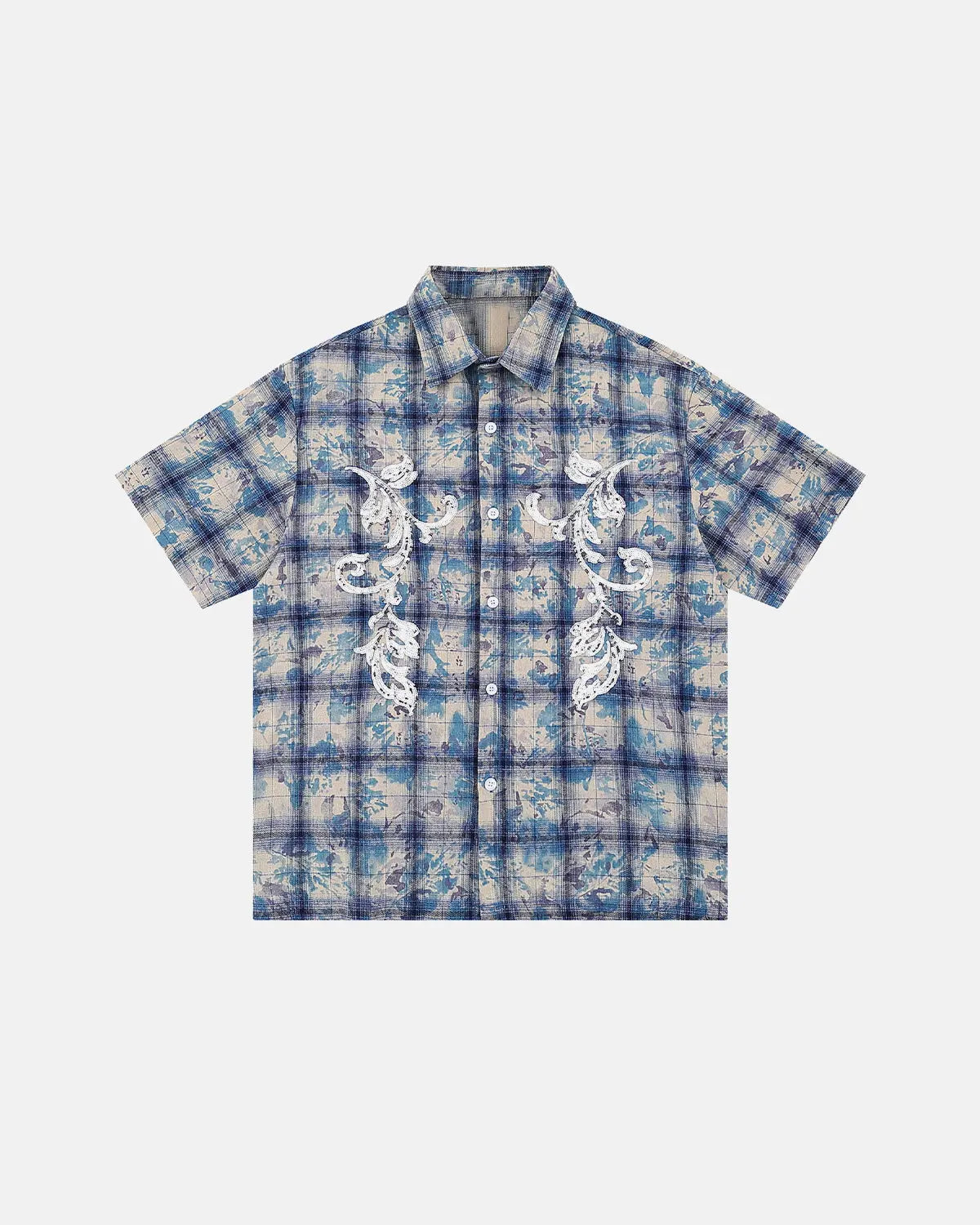 Inflation Streetwear tie-dye plaid sequin short-sleeve shirt with vibrant colors and shimmering sequins, casual streetwear style.