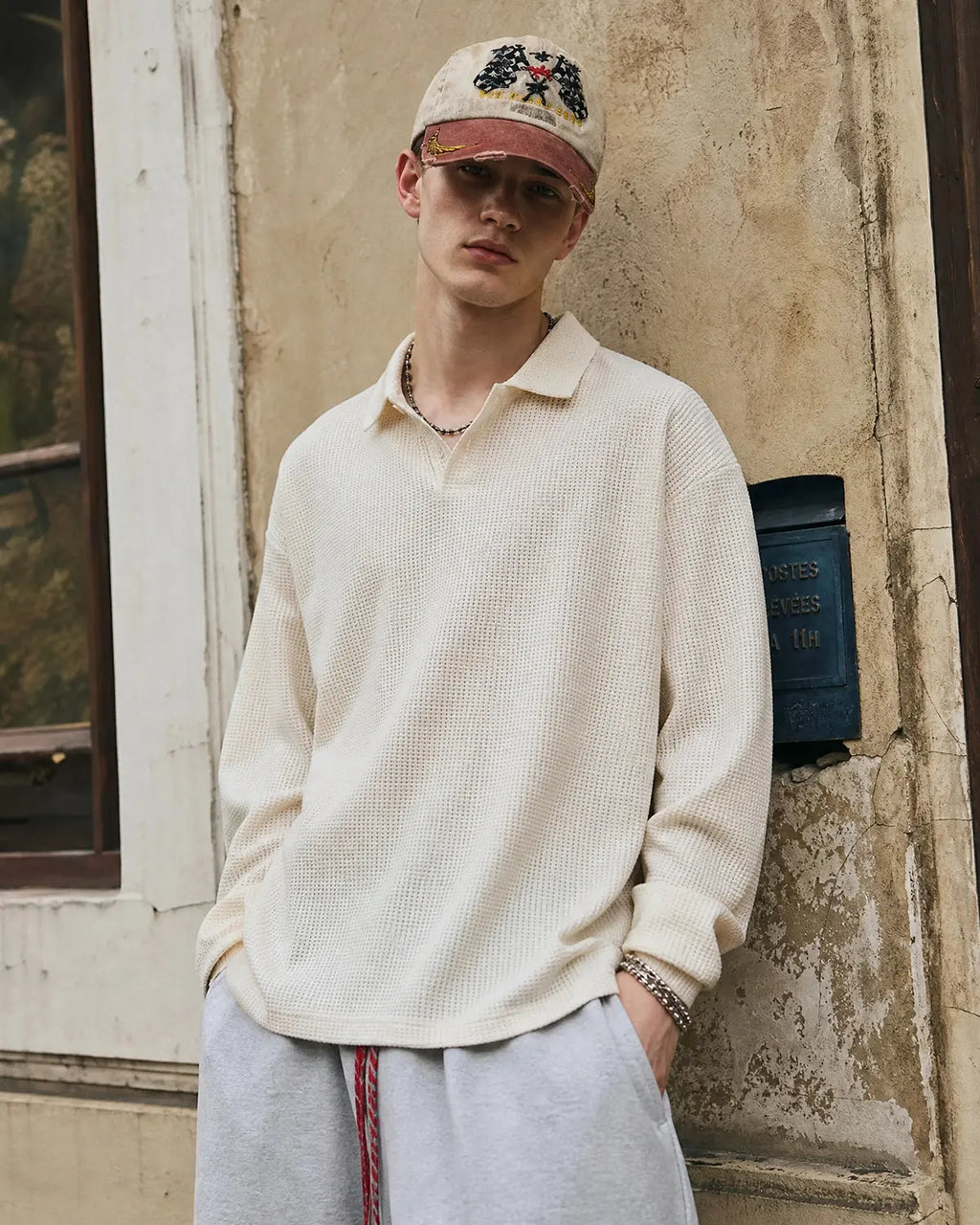 Inflation Streetwear waffle long sleeve polo shirt, navy color, with a classic collar and button placket, casual men's t-shirt style.