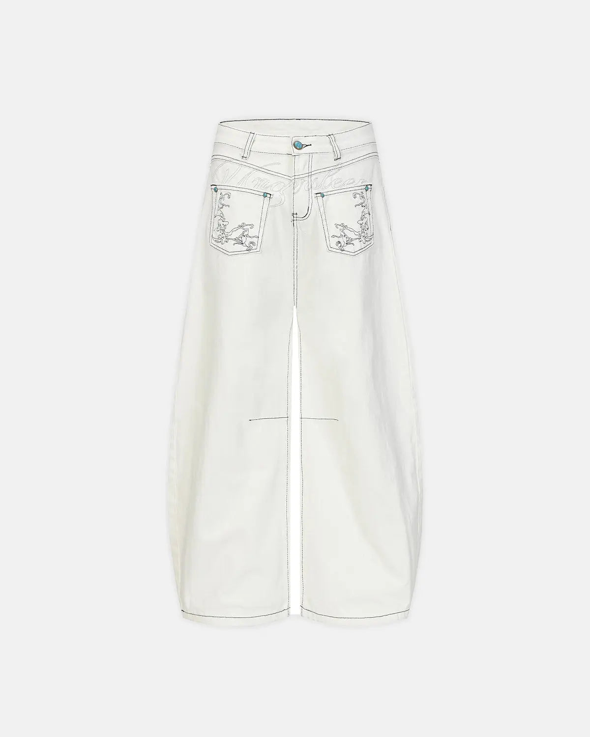 Graphic embroidered washed barrel jeans by INFLATION, stylish streetwear pants with colorful embroidery and a relaxed fit.