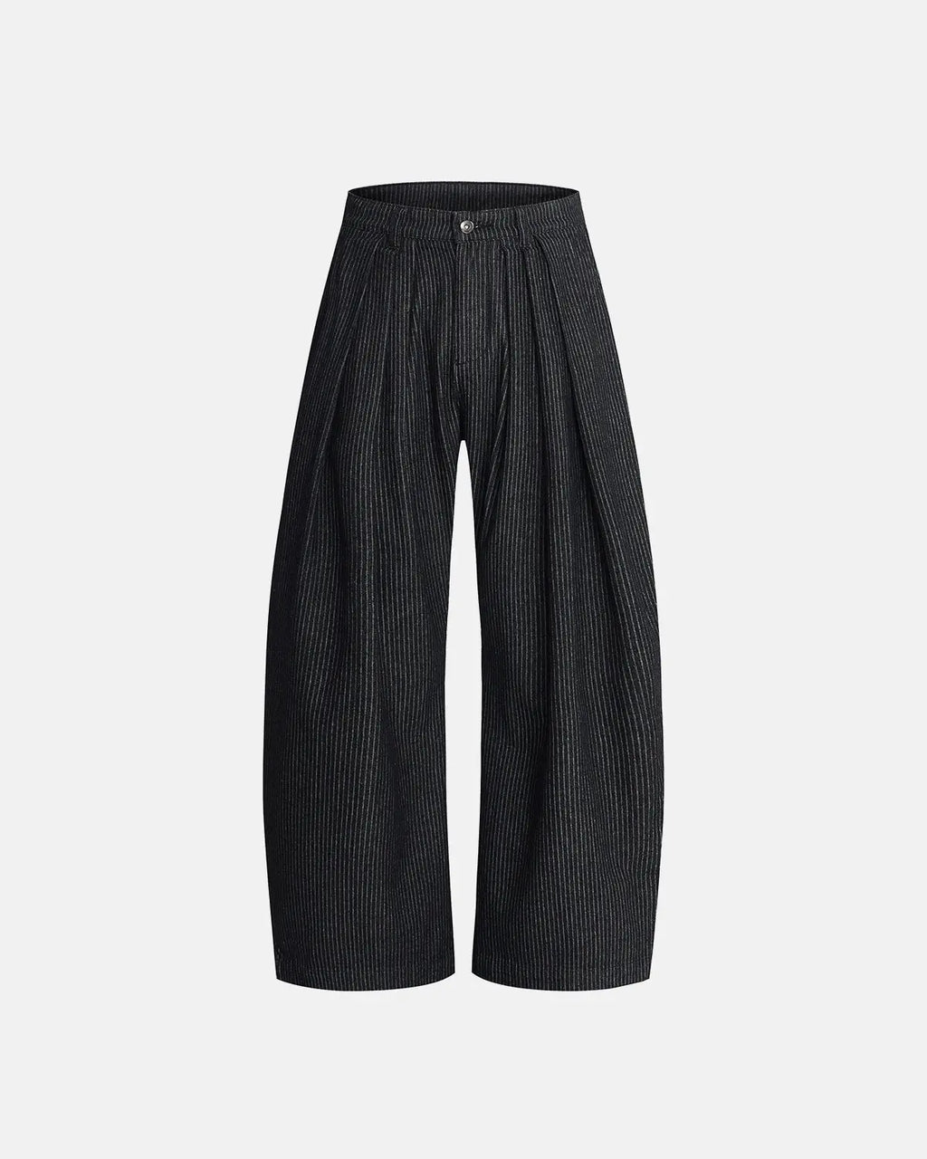 Vintage pinstripe pleated barrel jeans by INFLATION, showing the classic high-waisted design and relaxed fit with pleats and pinstripes.