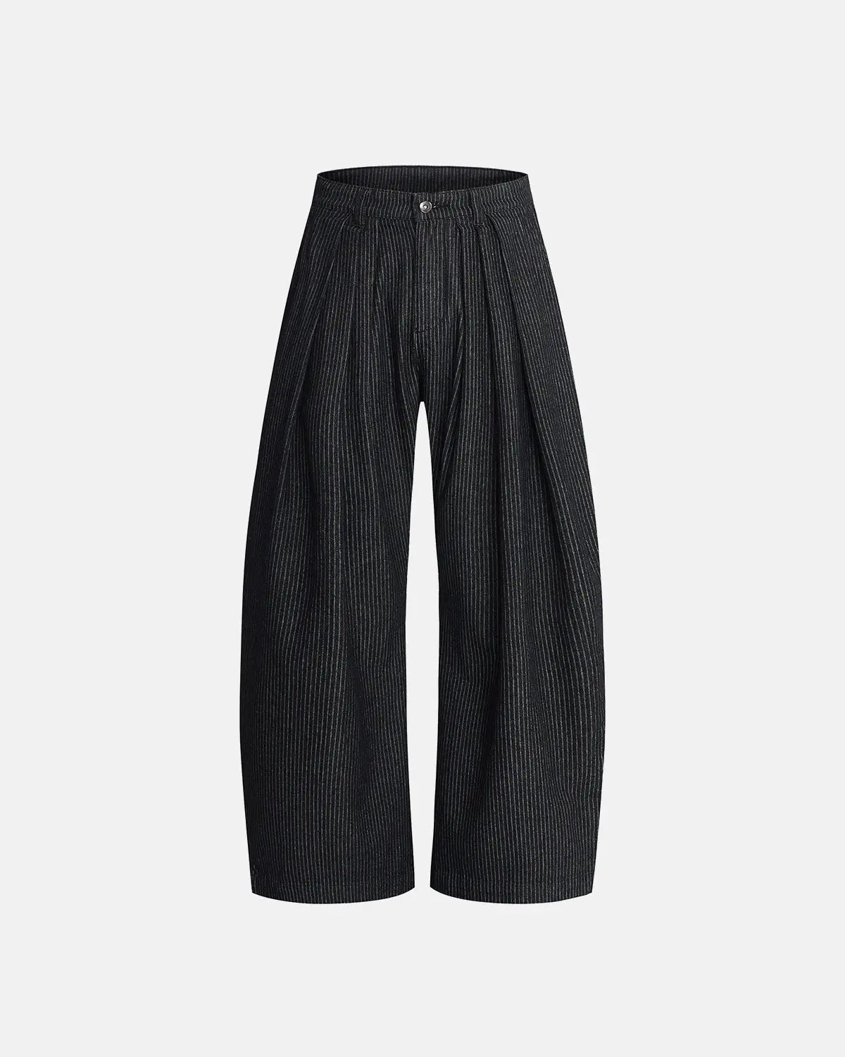 Vintage pinstripe pleated barrel jeans by INFLATION, showing the classic high-waisted design and relaxed fit with pleats and pinstripes.