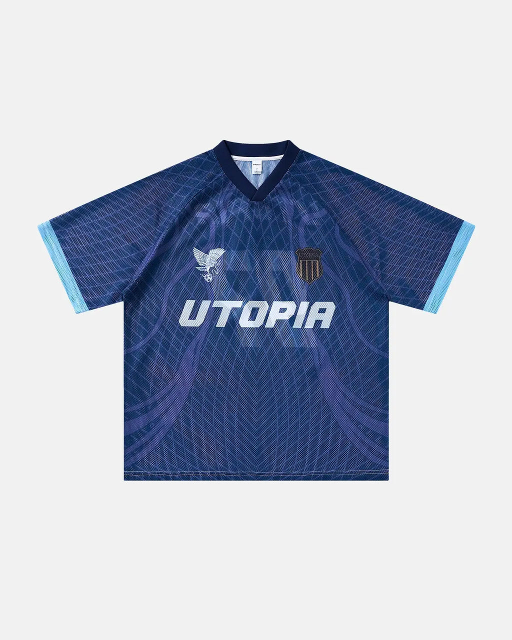 Inflation Streetwear geometric pattern mesh jersey t-shirt with modern design and breathable fabric, stylish streetwear apparel.