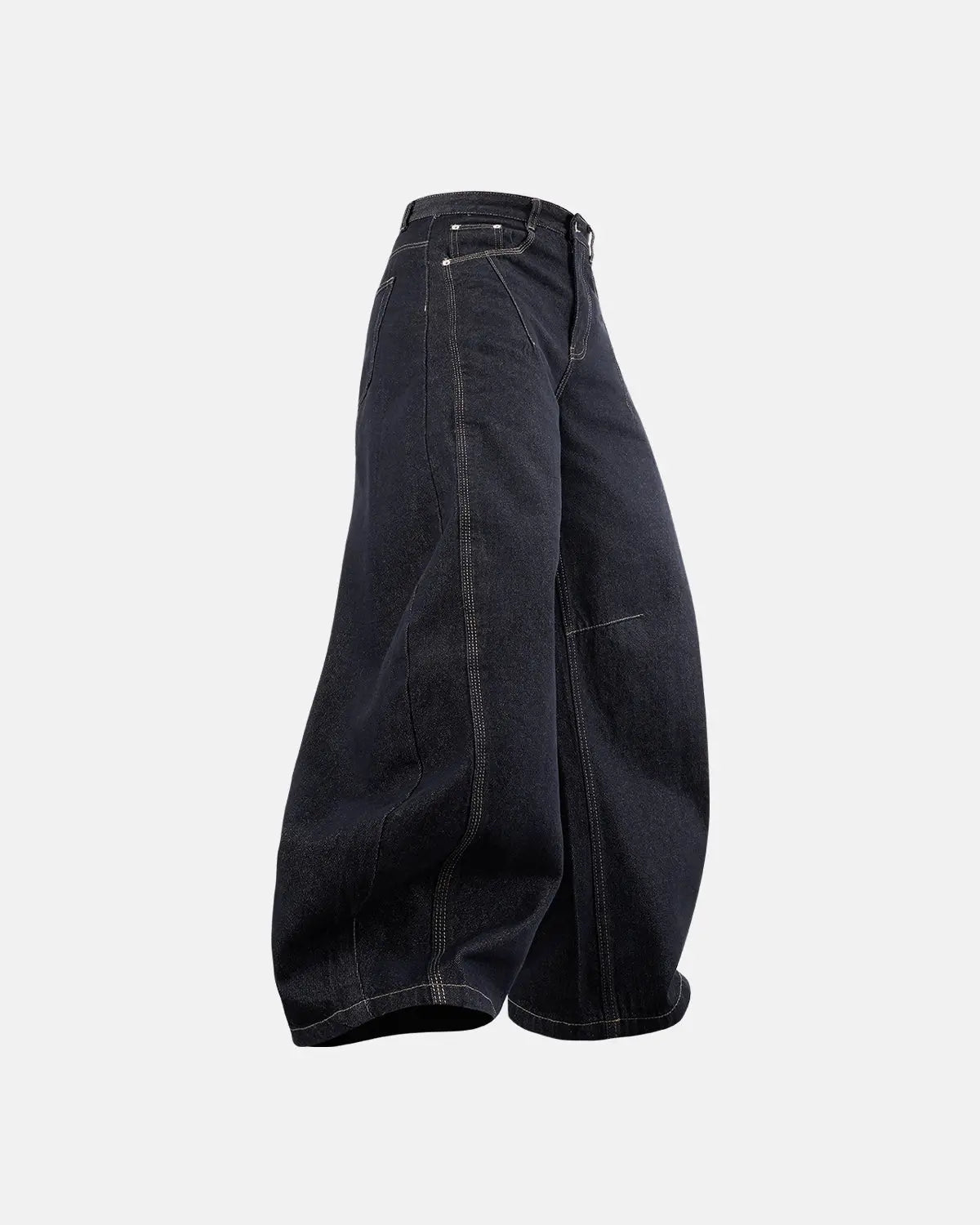 Flation Raw Color Barrel Baggy Jeans, loose-fit pants with rugged raw denim look and relaxed style, shown on a model.