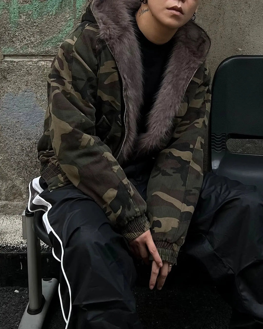 Inflation Camo Faux Fur Lined Bomber Jacket with camouflage pattern and cozy fur interior, stylish streetwear outerwear.