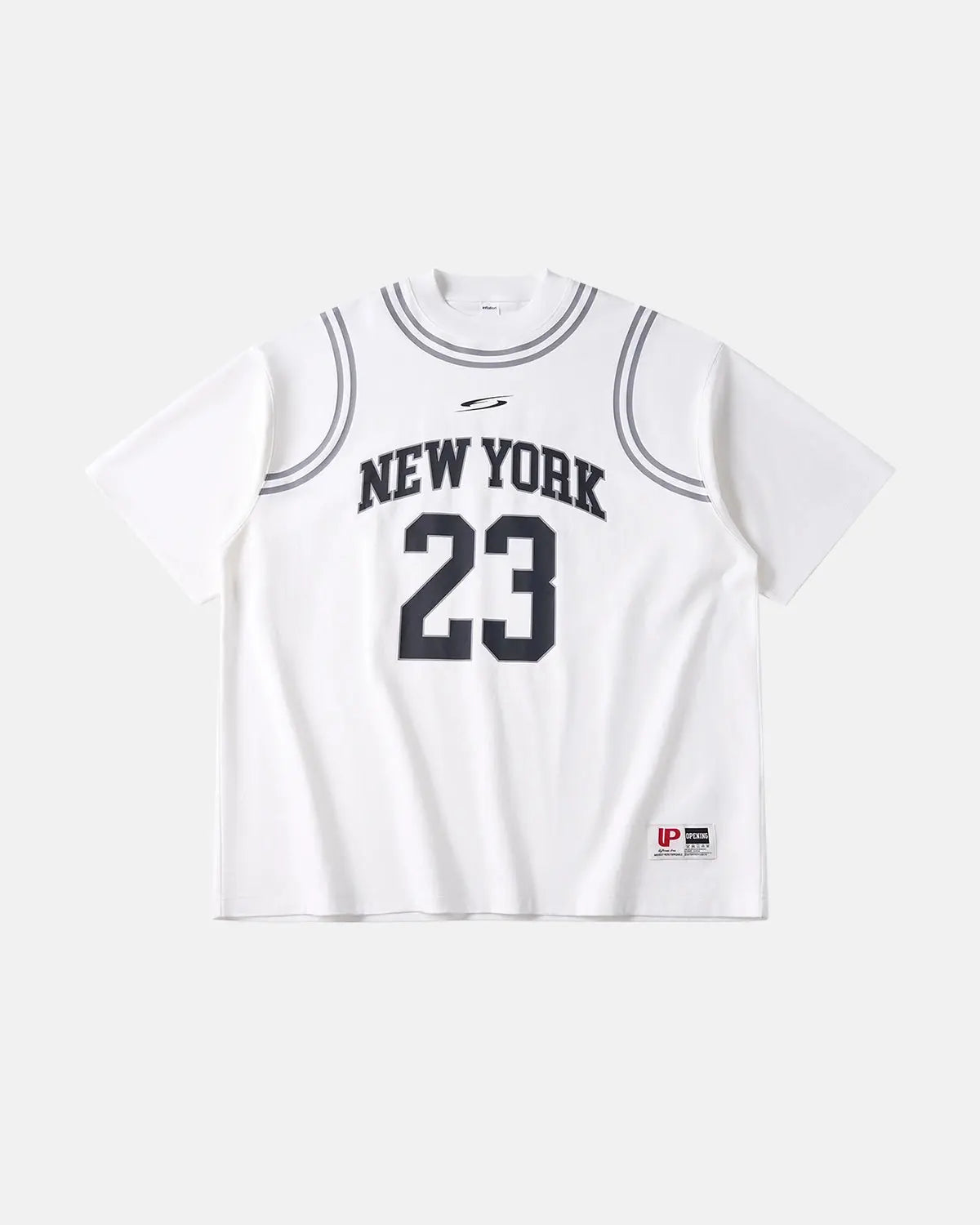 Mock neck 23 New York jersey by INFLATION featuring bold team logo and stylish streetwear design on black fabric.