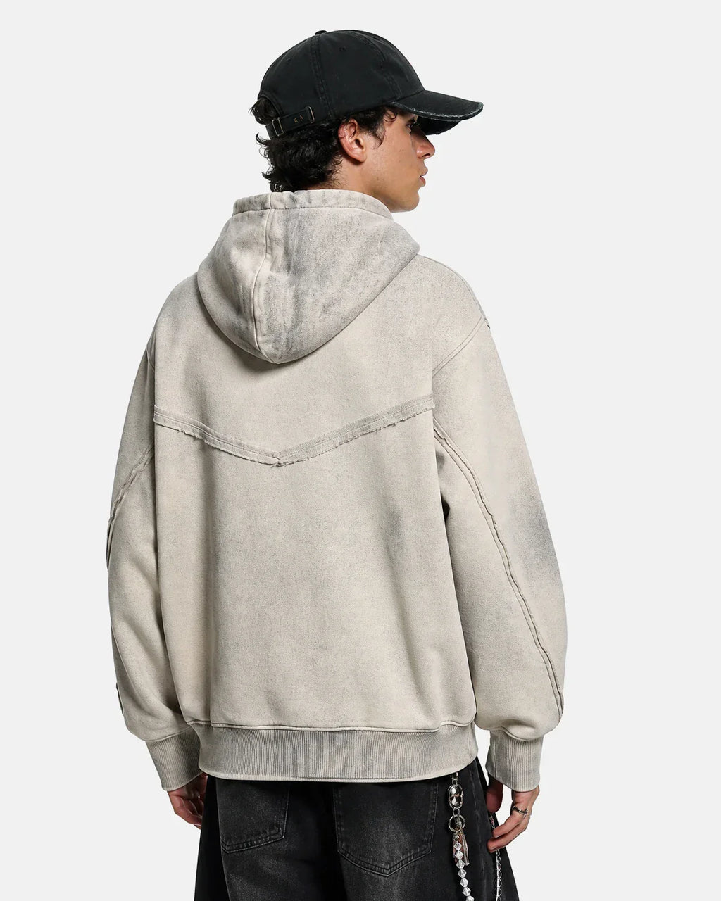 Washed boxy asymmetric zip-up hoodie by INFLATION streetwear, featuring a relaxed fit and unique asymmetric front design.