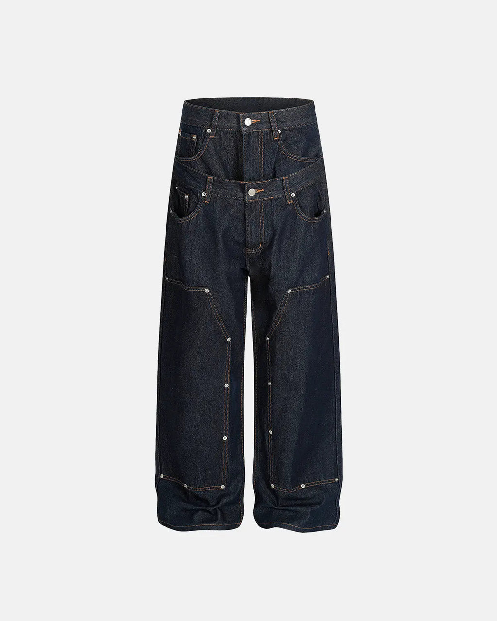 Flation Double Waist Raw Baggy Jeans with distressed finish and relaxed fit, featuring raw hem and oversized style.