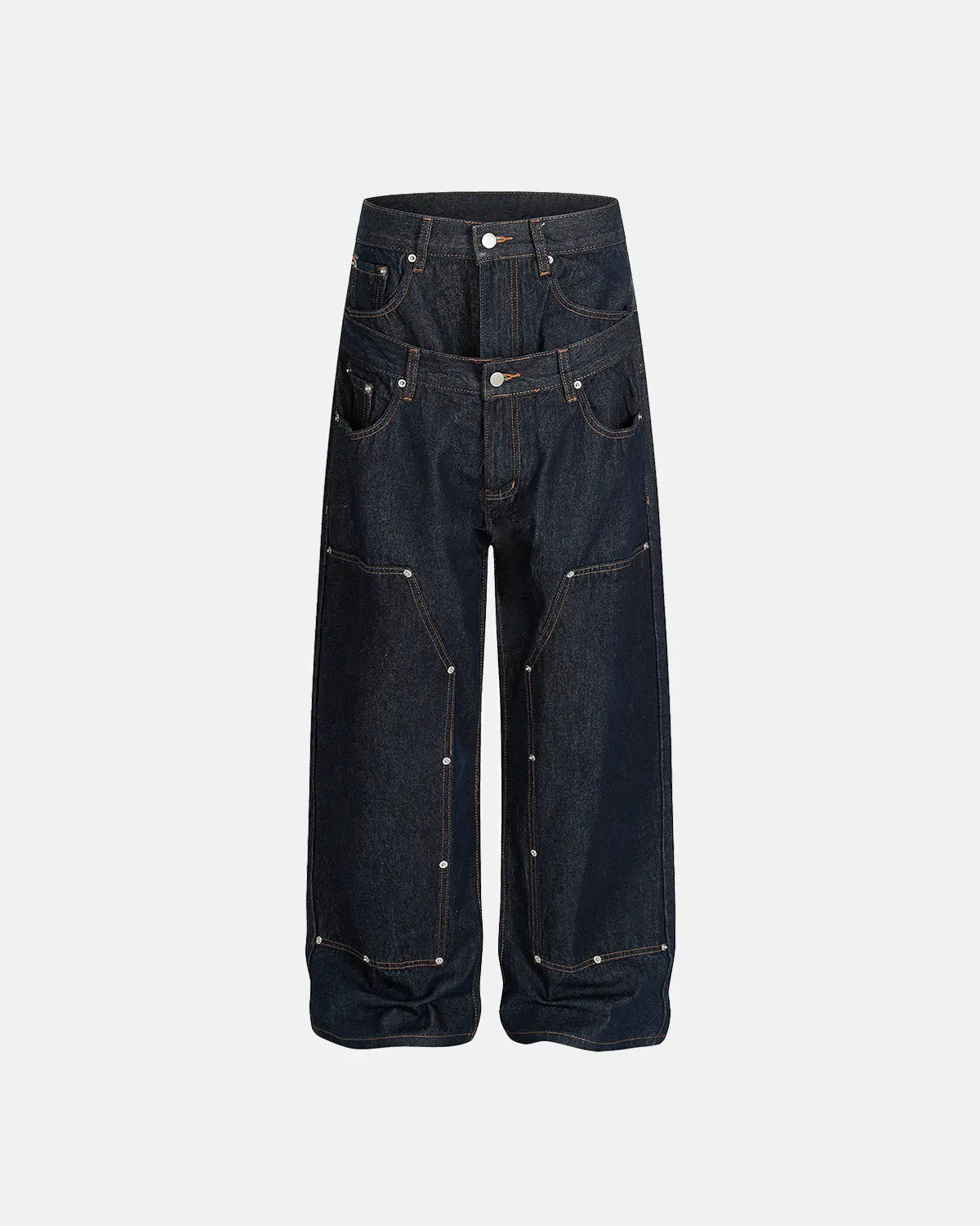 Flation Double Waist Raw Baggy Jeans with distressed finish and relaxed fit, featuring raw hem and oversized style.