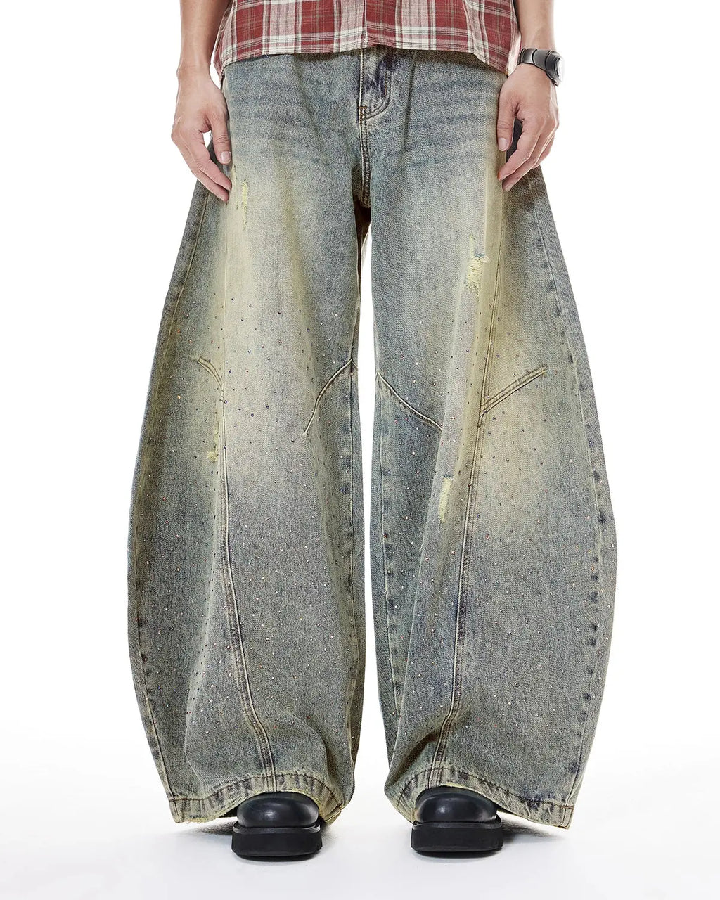 Colorful rhinestones ripped baggy jeans by INFLATION, featuring distressed details and vibrant embellishments, casual streetwear style.