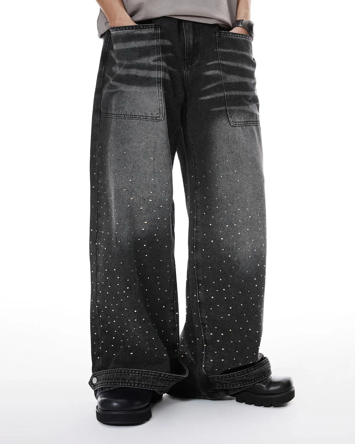 Colorful rhinestone wash baggy jeans by Flation featuring vibrant stones and relaxed streetwear style with loose fit.