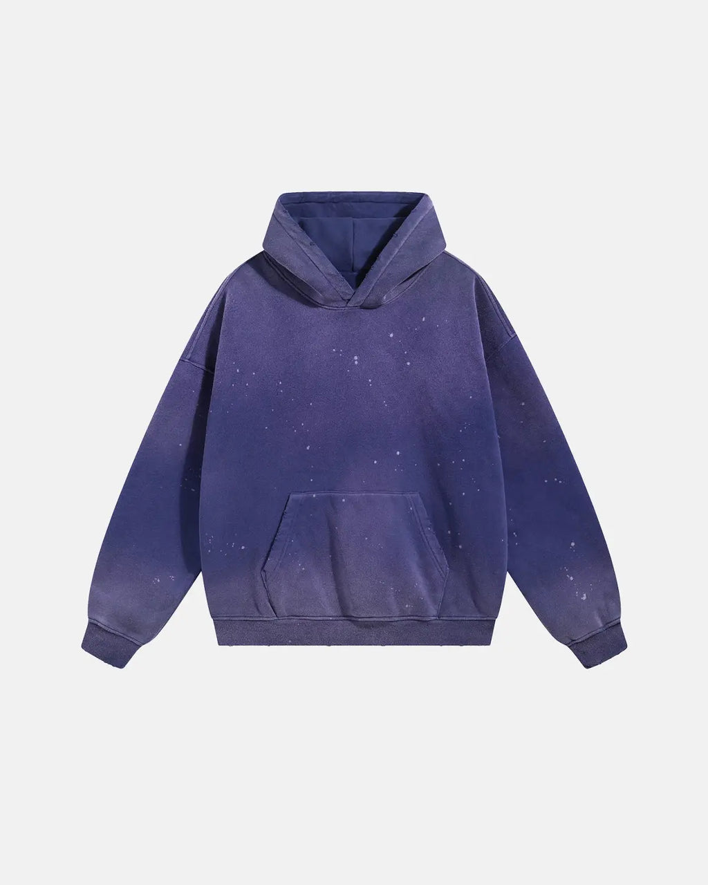 Acid washed ripped fleece hoodie by Flation, featuring distressed details and a relaxed streetwear style, shown on a model.