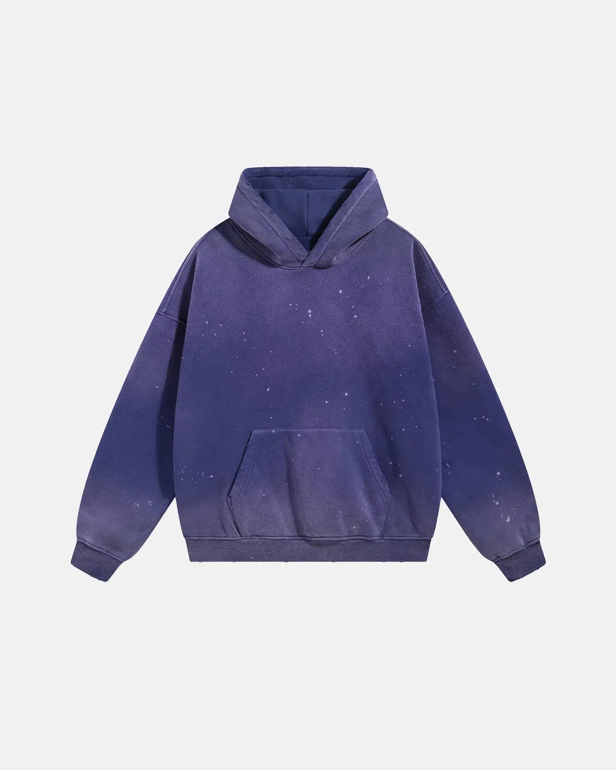 Acid washed ripped fleece hoodie by Flation, featuring distressed details and a relaxed streetwear style, shown on a model.