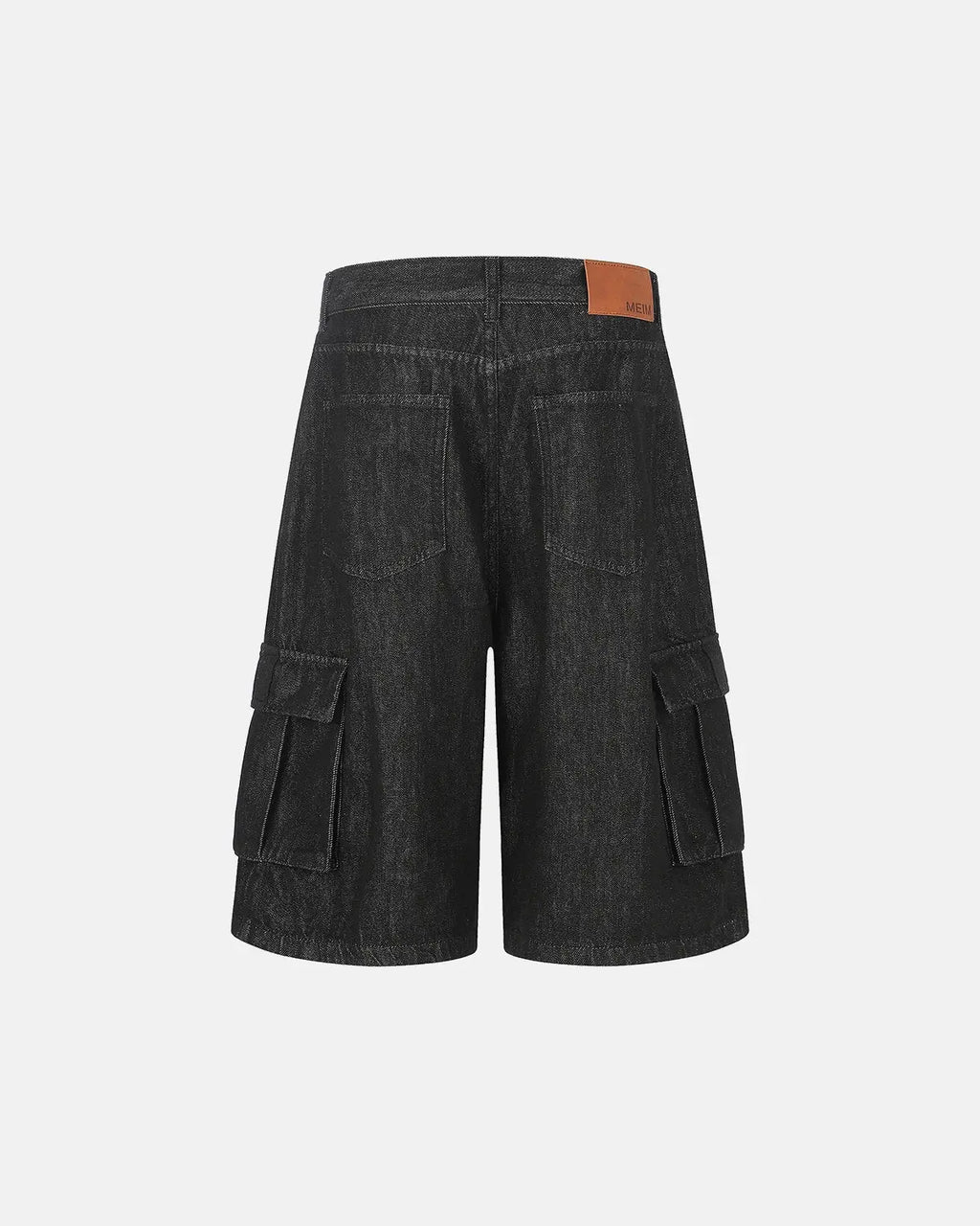 Black cargo longline jorts by INFLATION Streetwear, featuring oversized fit, multiple pockets, and distressed denim texture.