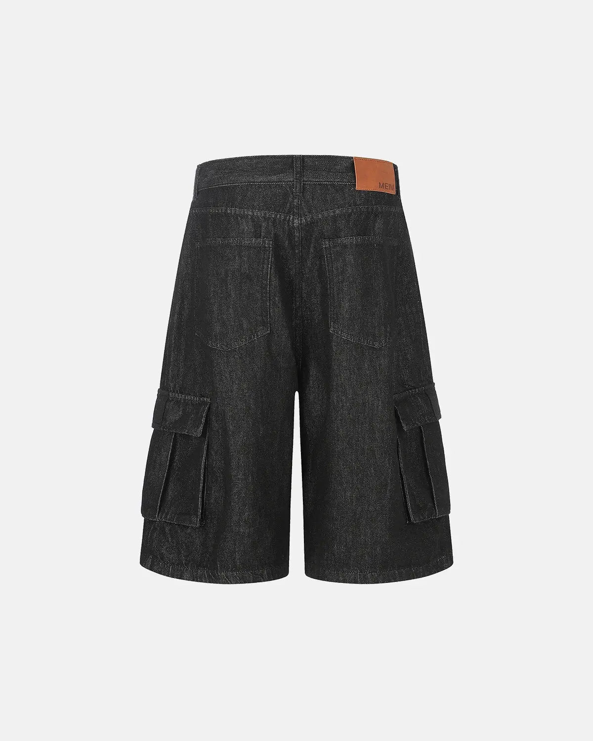 Black cargo longline jorts by INFLATION Streetwear, featuring oversized fit, multiple pockets, and distressed denim texture.