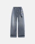 Acid wash Flation streetwear baggy jeans with detachable bandana detail, relaxed fit and distressed style.