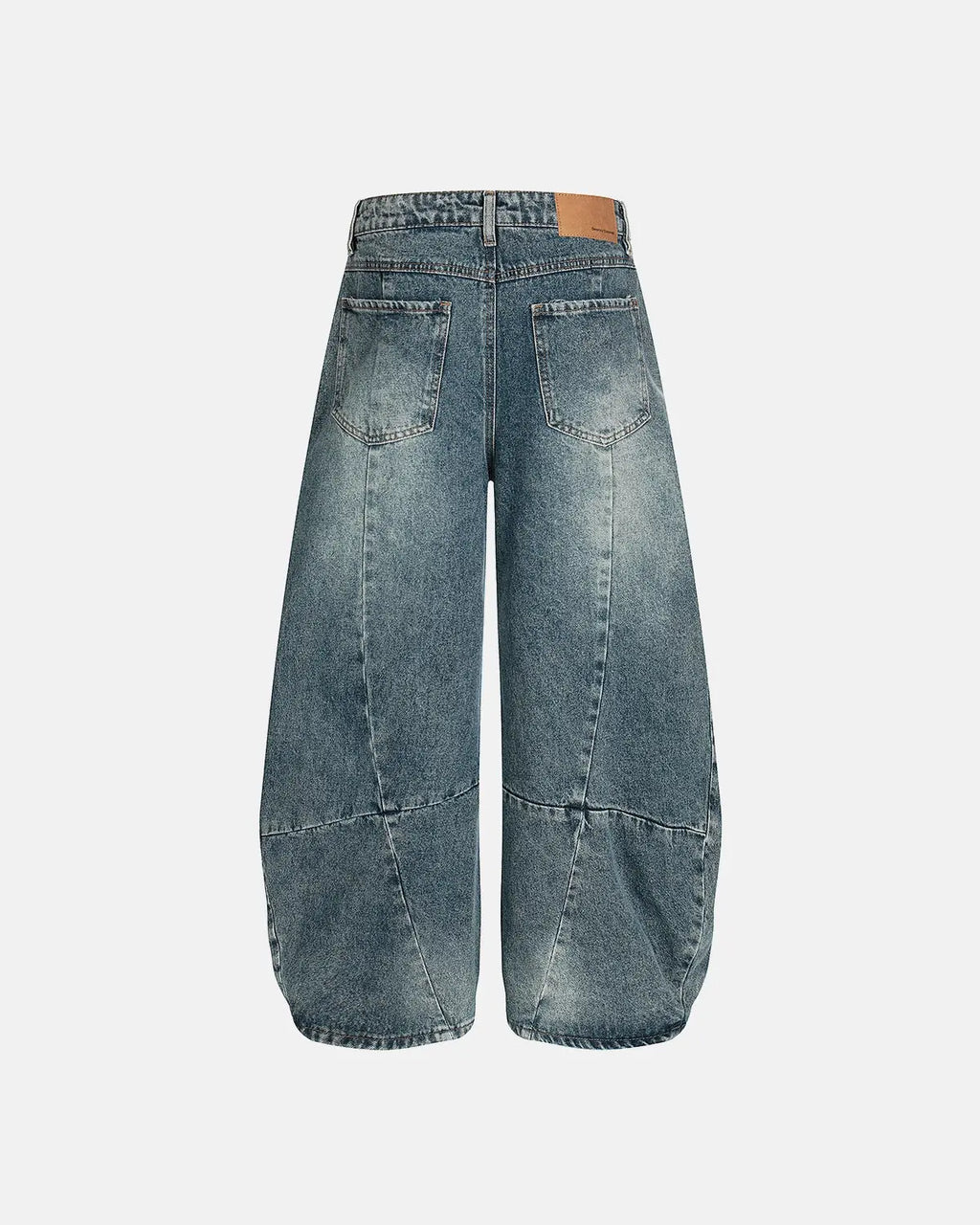 Inflation Whisker Acid Washed Barrel Jeans showing distressed denim and relaxed fit with whisker detailing on the thighs.