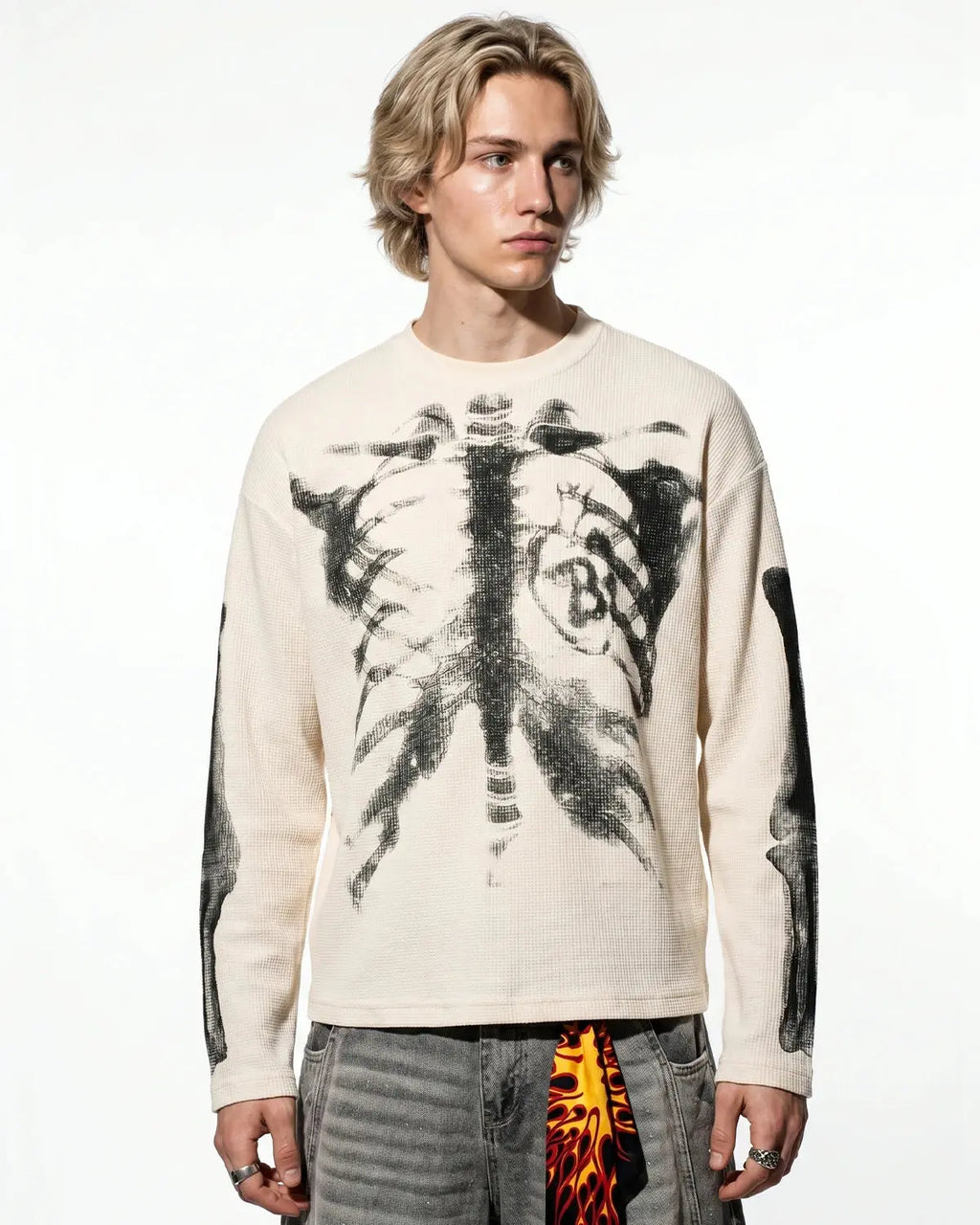 Inflation Skeleton Graphic Washed Long Sleeve shirt featuring a detailed skeleton print on a casual streetwear style.