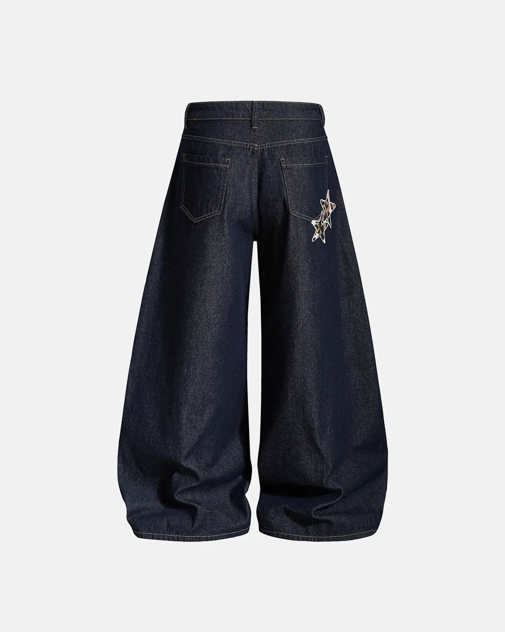 Inflation Streetwear Leopard Star Patch Barrel Jeans showing the distressed denim with leopard and star patches on the legs.