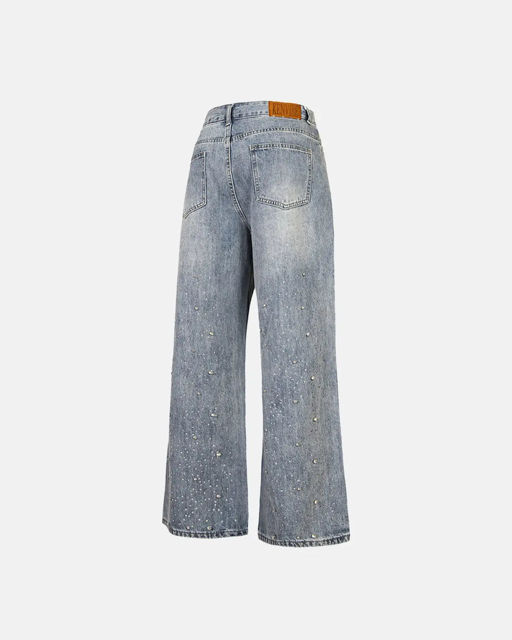 Flation studded rhinestone baggy jeans with distressed details, showcasing a relaxed streetwear style and embellished with shiny rhinestones.