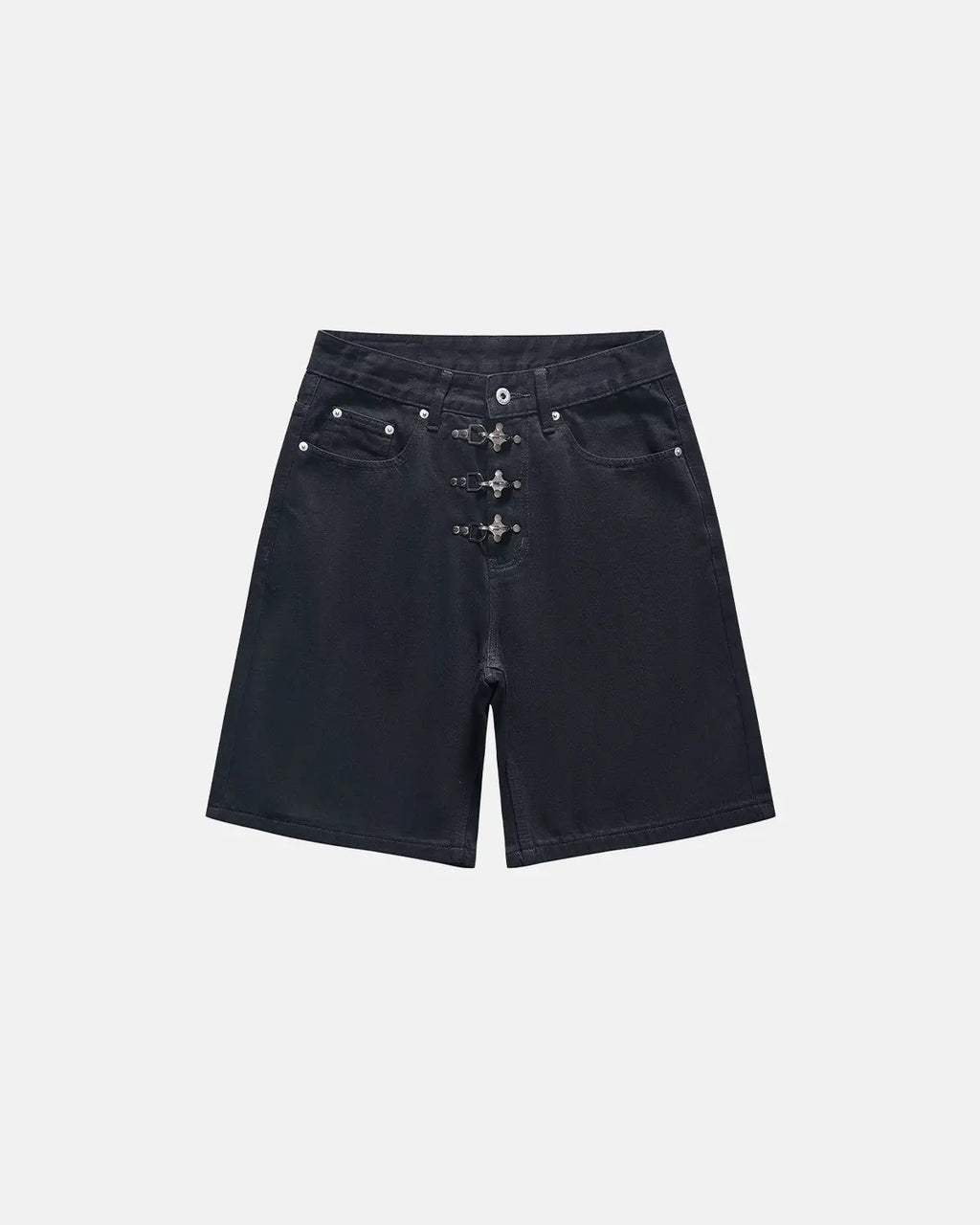 Metal clasp baggy jorts from INFLATION Streetwear featuring distressed denim, loose fit, and metal hardware details.