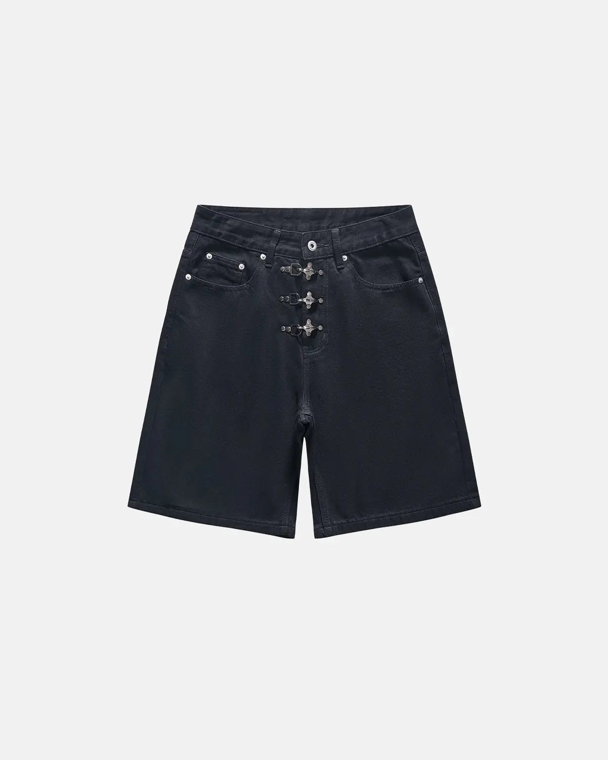 Metal clasp baggy jorts from INFLATION Streetwear featuring distressed denim, loose fit, and metal hardware details.