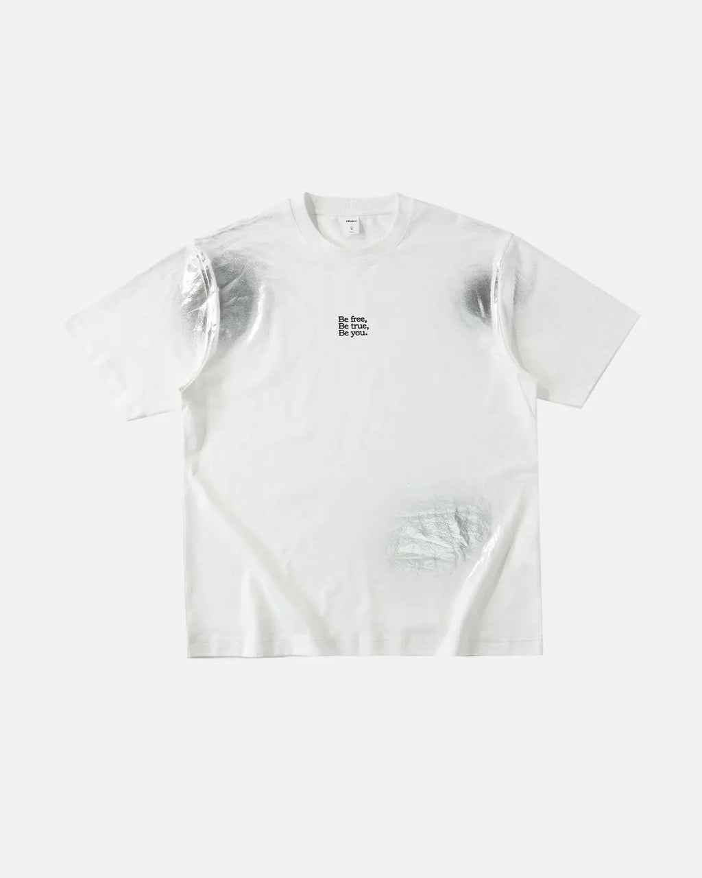 Iridescent shimmer oversized T-shirt by INFLATION, featuring a reflective, colorful fabric with a relaxed streetwear fit.