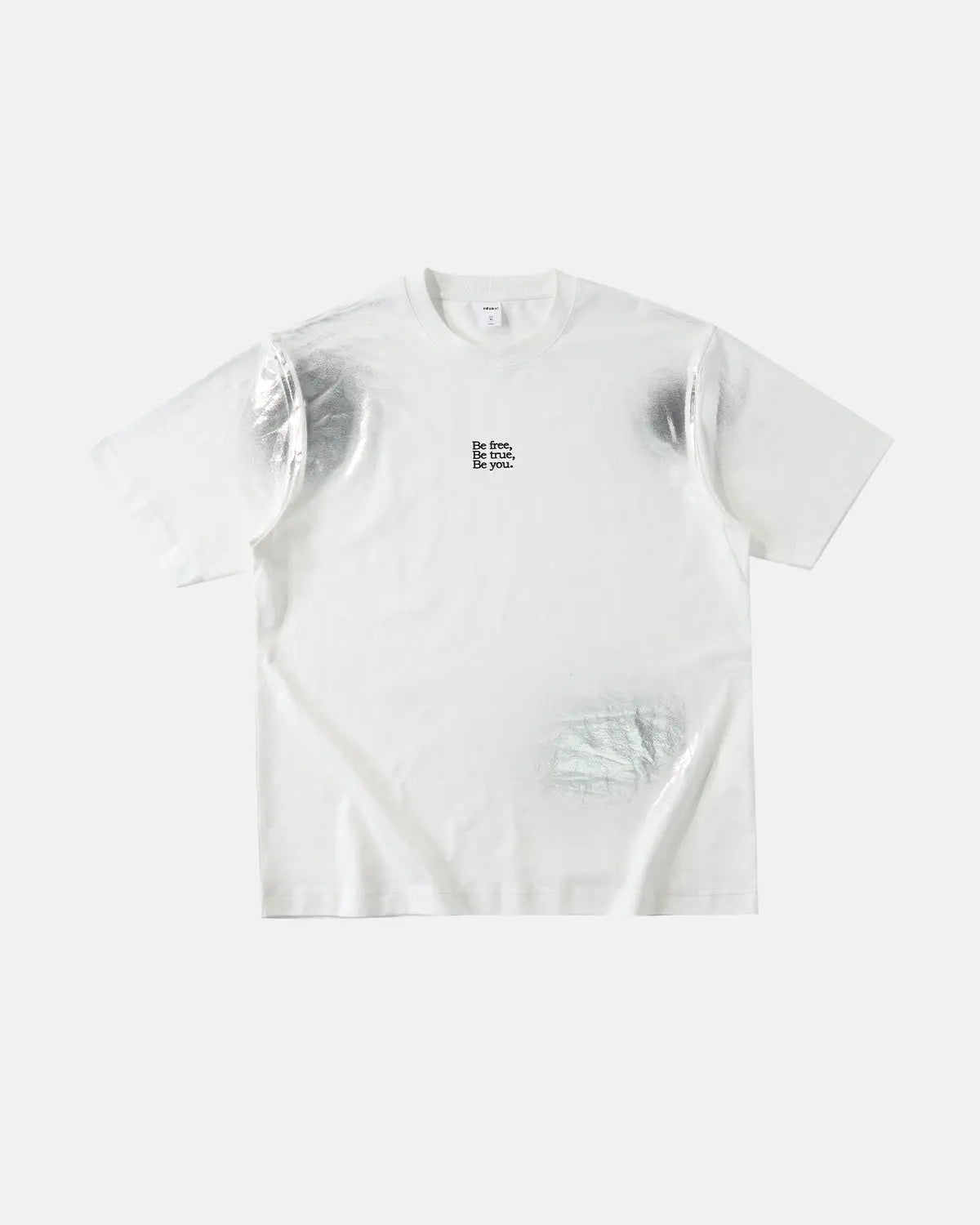 Iridescent shimmer oversized T-shirt by INFLATION, featuring a reflective, colorful fabric with a relaxed streetwear fit.