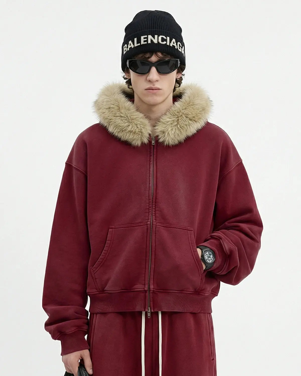 Inflation Streetwear faux fur collar distressed zip-up hoodie featuring a hood and front zipper, casual streetwear style.