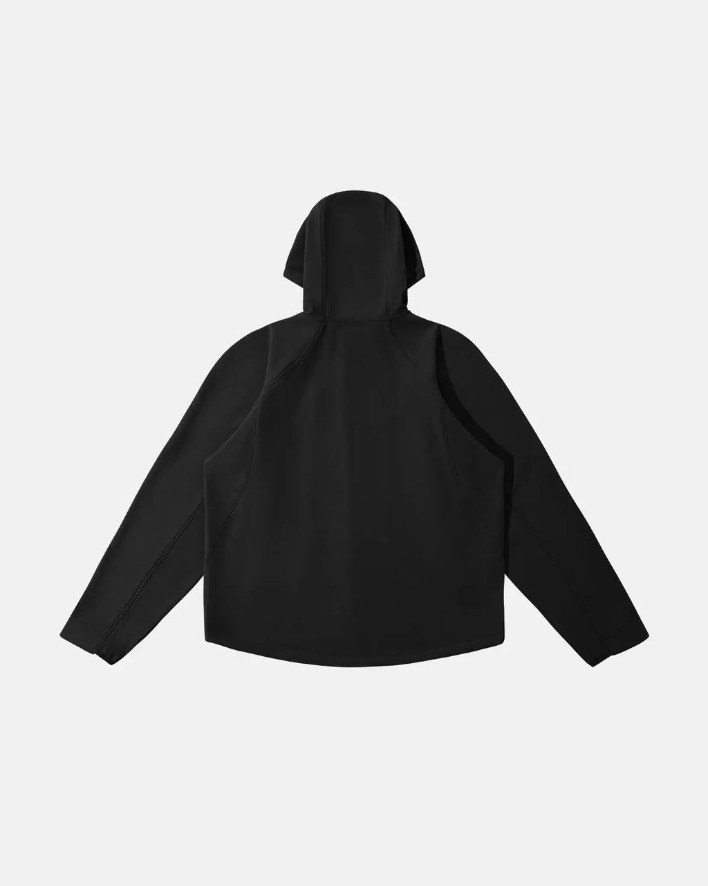 Inflation outdoor fleece-lined softshell hiking jacket showing a black waterproof jacket with fleece interior and adjustable hood.