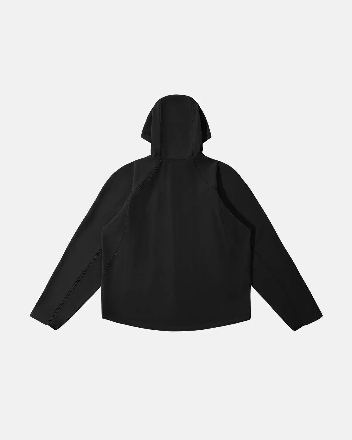 Inflation outdoor fleece-lined softshell hiking jacket showing a black waterproof jacket with fleece interior and adjustable hood.