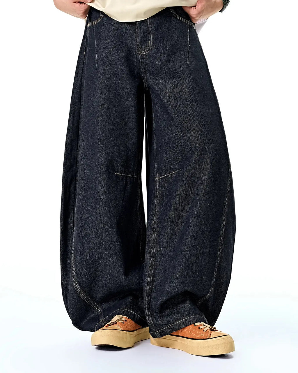 Flation Raw Color Barrel Baggy Jeans, casual pants with a relaxed fit in a raw color, featuring a modern, streetwear style.