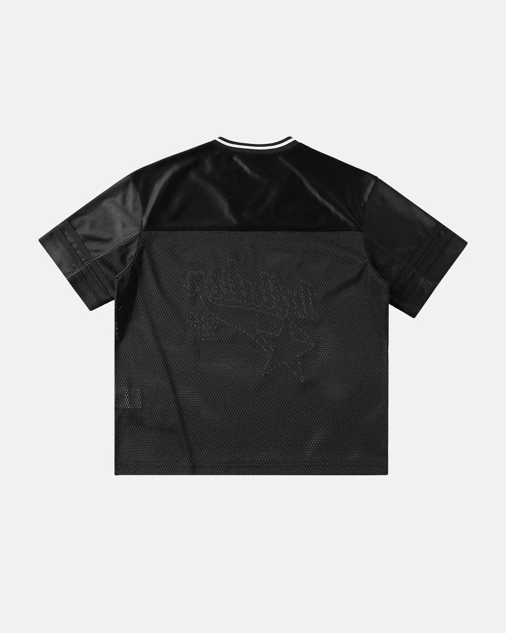 Inflation Streetwear mesh patchwork printing jersey with vibrant design and breathable fabric, showcased on a mannequin.