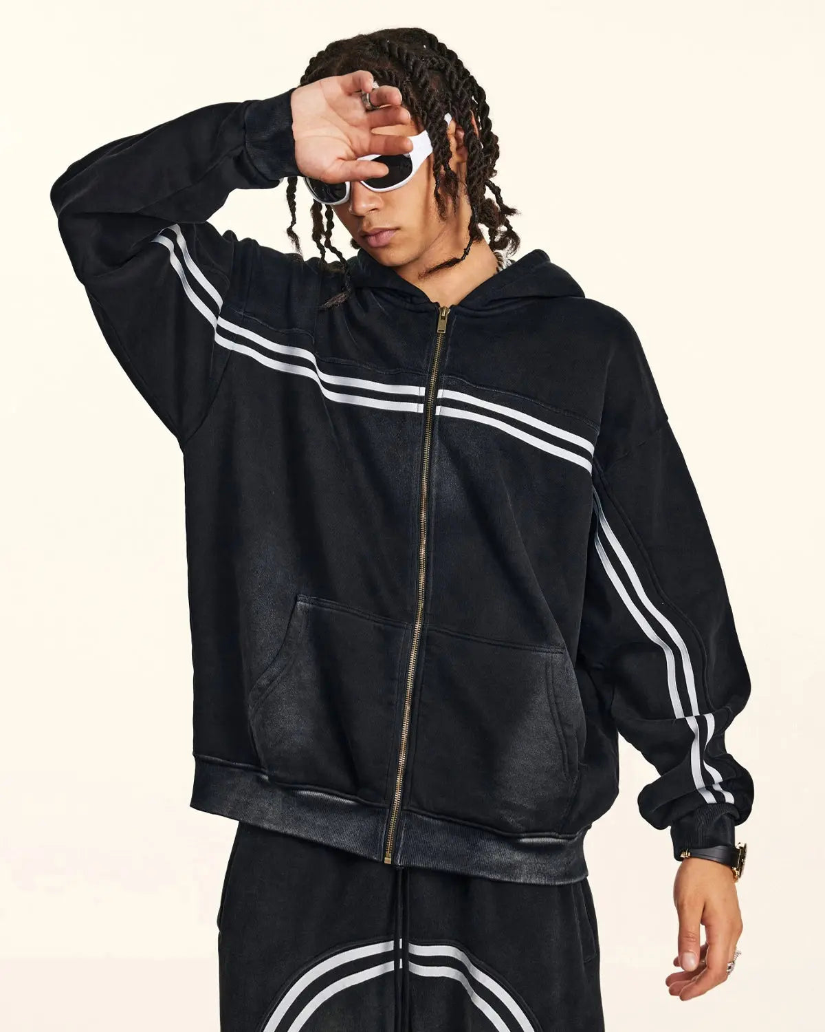 Inflation Streetwear striped acid wash zip-up hoodie with hood, front zipper, and bold color stripes on soft fabric.