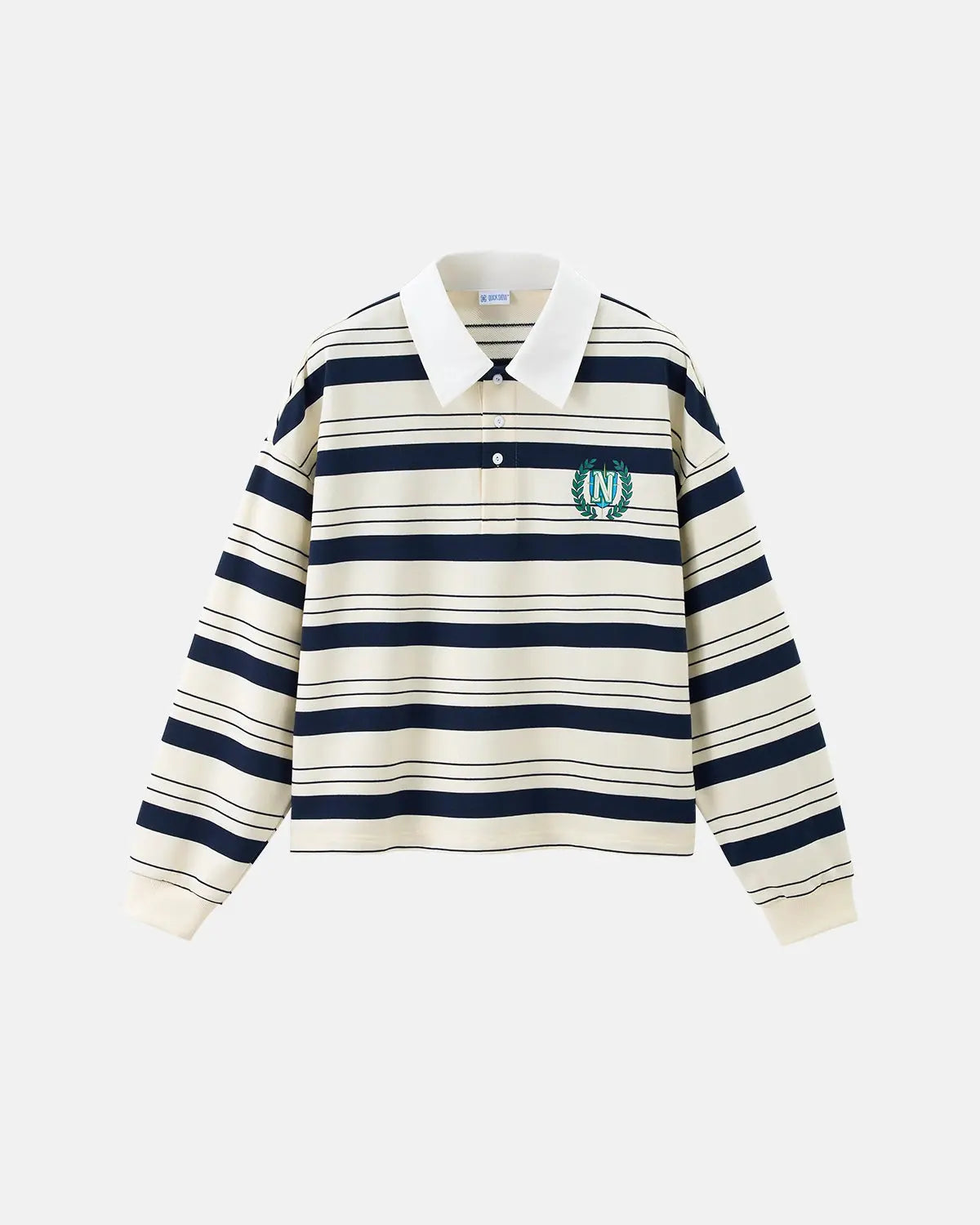 Inflation Streetwear striped rugby polo shirt, casual t-shirt with red, white, and navy stripes, short sleeves, and classic fit.