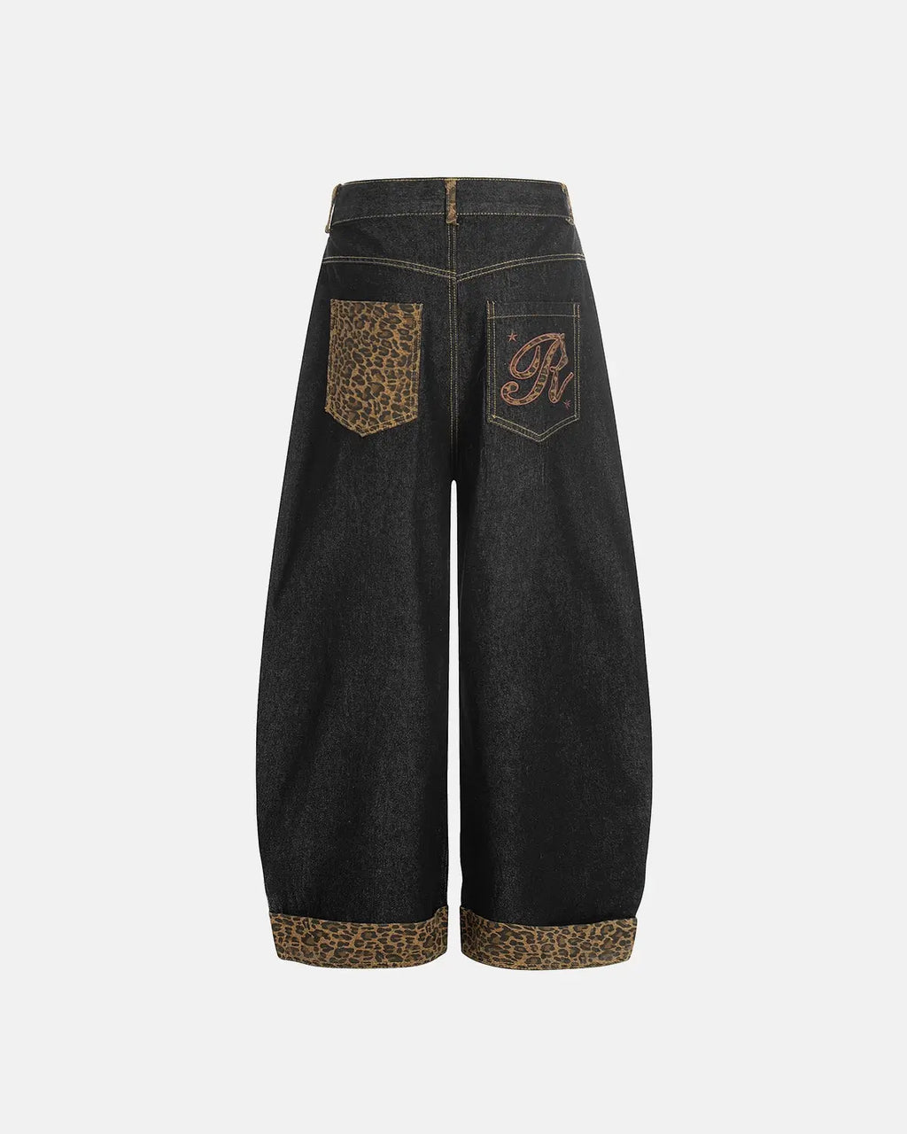 Inflation leopard patchwork embroidery baggy jeans with bold leopard print and detailed embroidery, relaxed streetwear style.