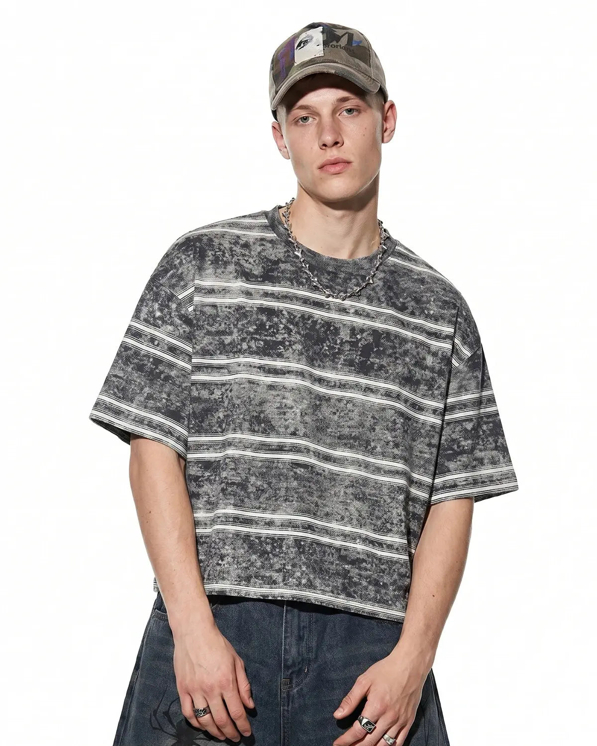 Vintage Washed Striped Boxy T-Shirt by INFLATION, casual streetwear shirt with a relaxed fit and distressed striped design.