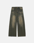 Flation washed loose-fit denim pants with distressed details, streetwear style, casual fit, and faded blue denim fabric.