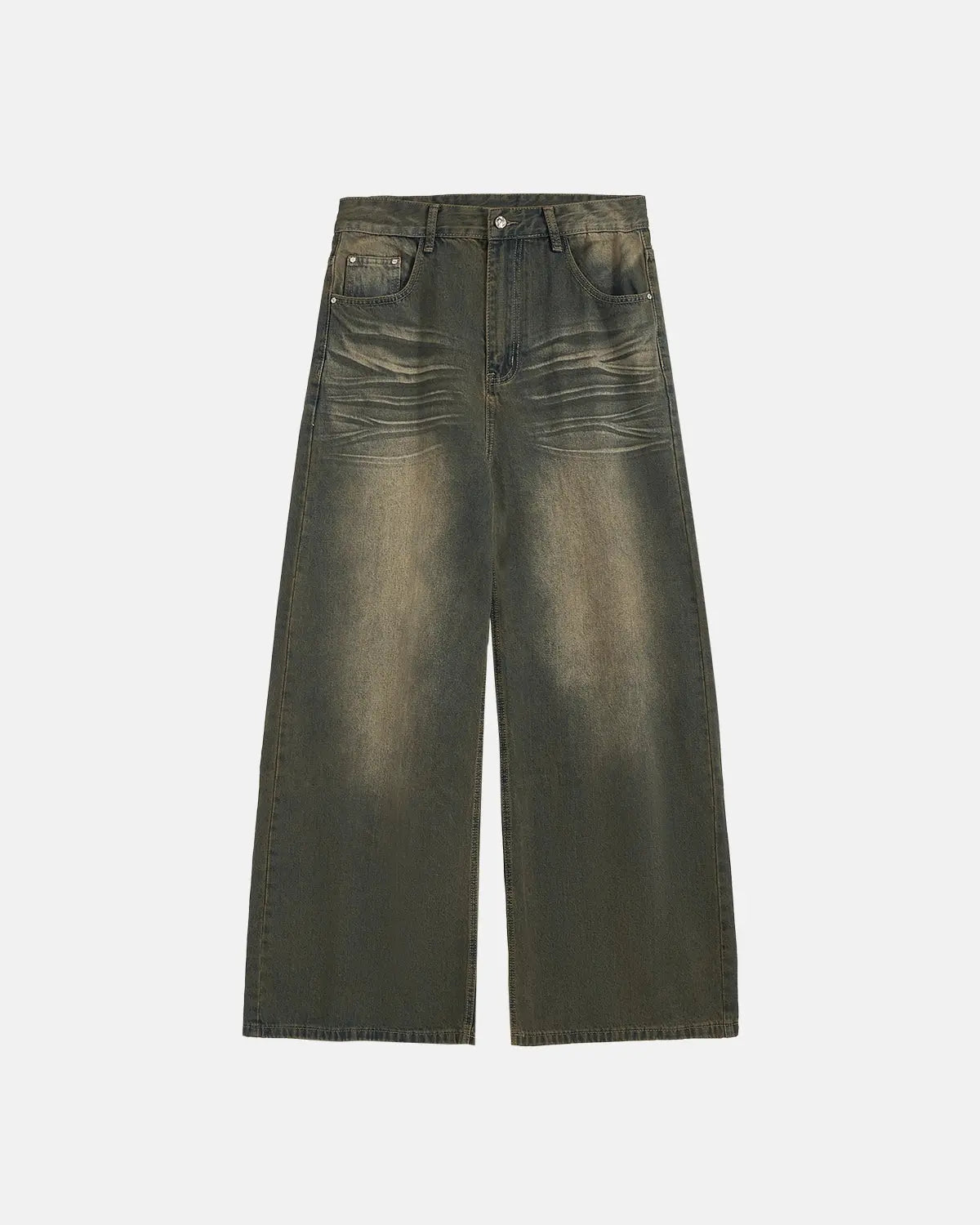 Flation washed loose-fit denim pants with distressed details, streetwear style, casual fit, and faded blue denim fabric.