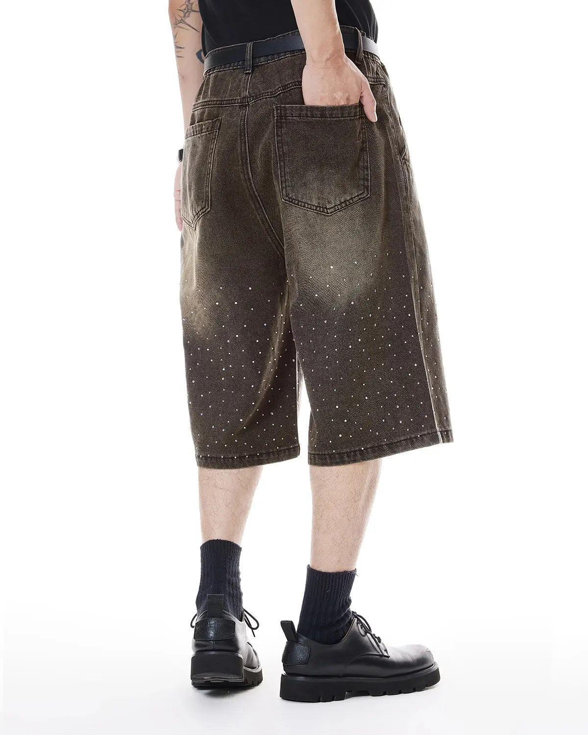 Colorful rhinestone washed jeans shorts by INFLATION featuring vibrant embellishments and distressed denim for a trendy streetwear look.