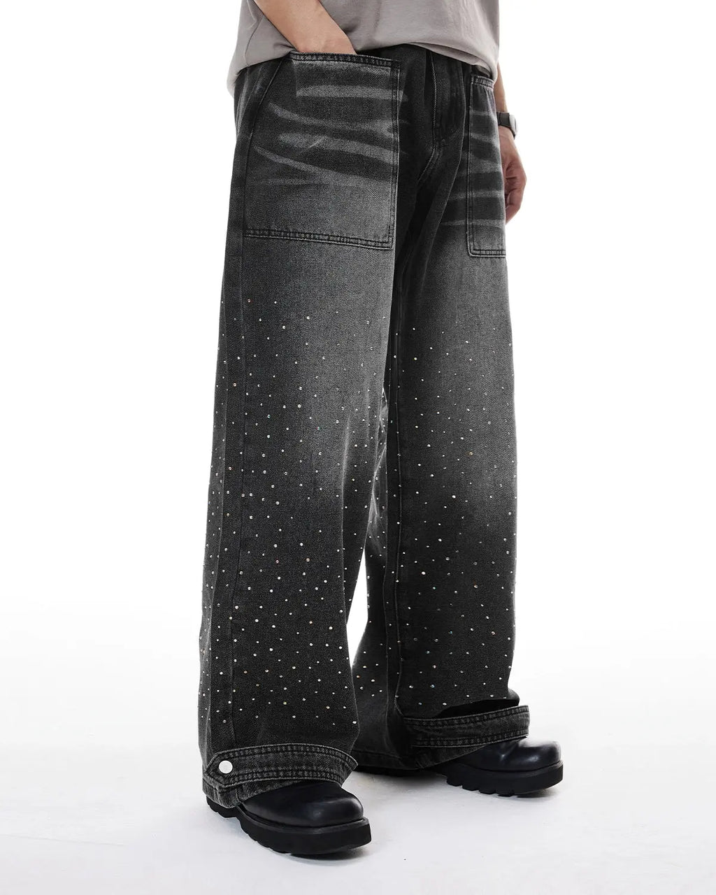 Colorful rhinestone wash baggy jeans by Flation featuring vibrant stones and relaxed streetwear style in a casual fit.
