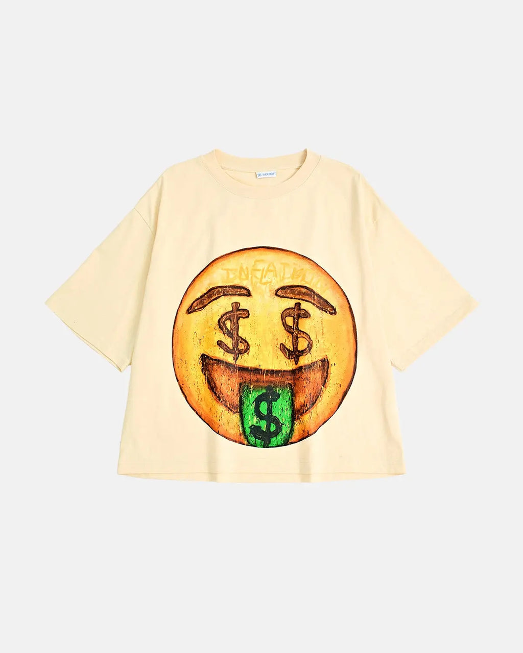 Boxy Smile Graphic T-Shirt by INFLATION featuring a bold smiley face design on soft, comfortable streetwear fabric.