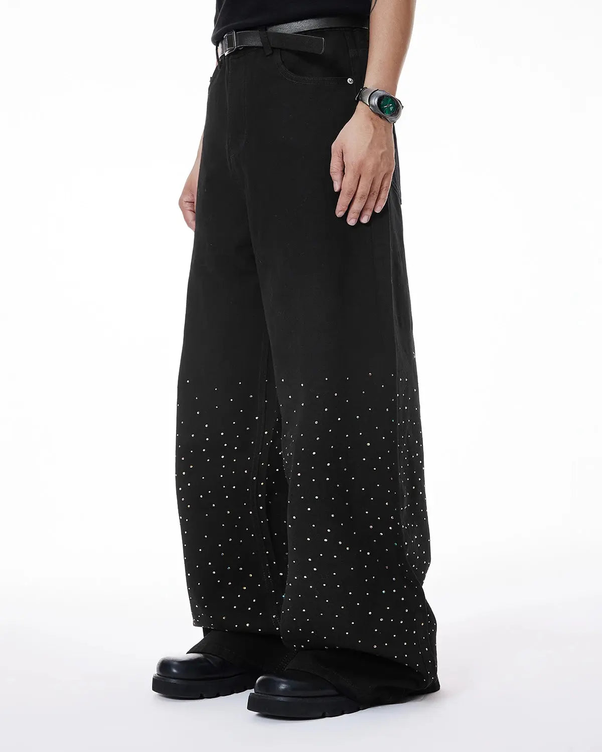 Flation Chill Wide Leg Rhinestone Denim Pants showing their relaxed fit, rhinestone details, and wide leg design.