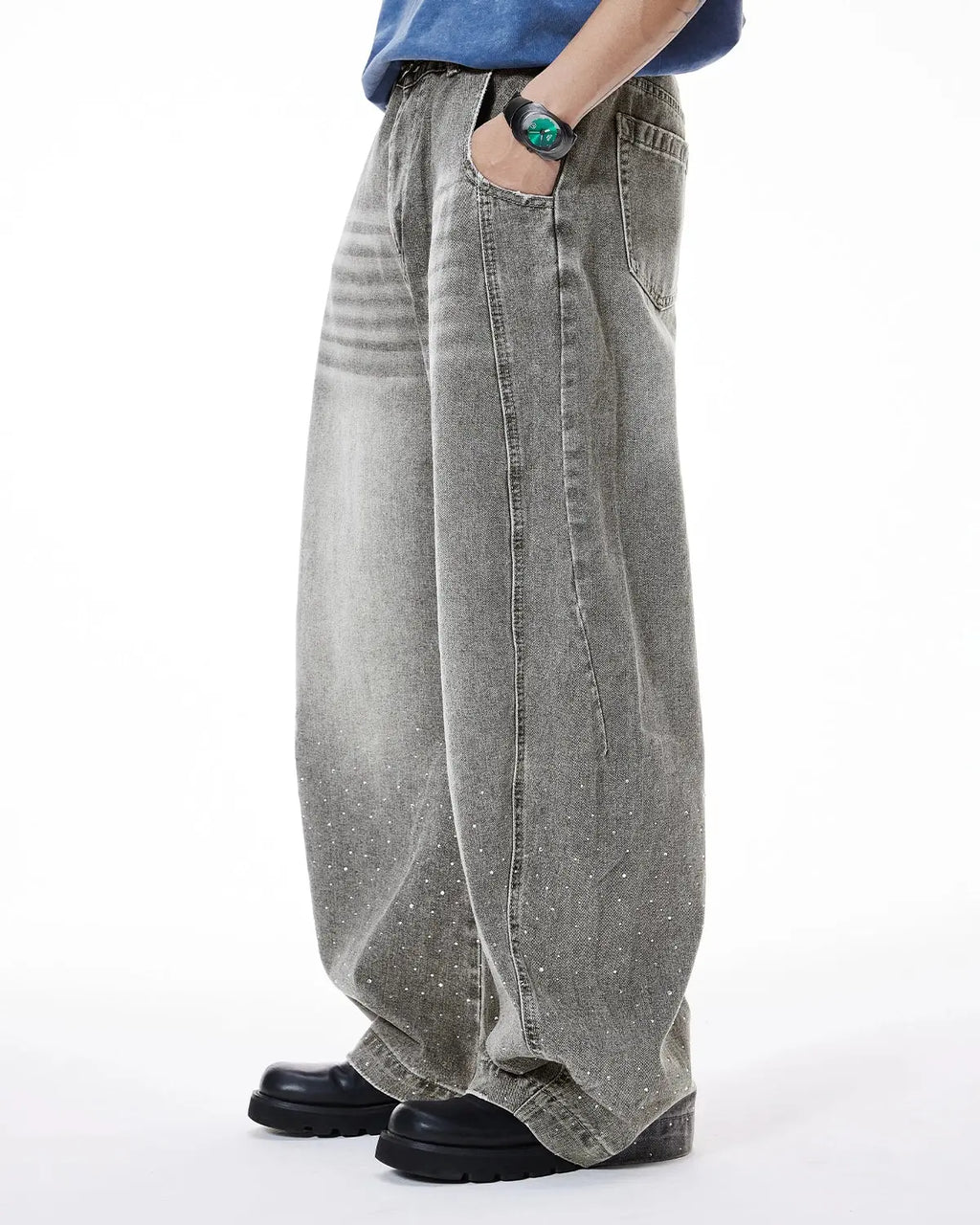 Inflation brand rhinestone washed barrel jeans, stylish streetwear pants with rhinestone details and a relaxed fit, casual fashion look
