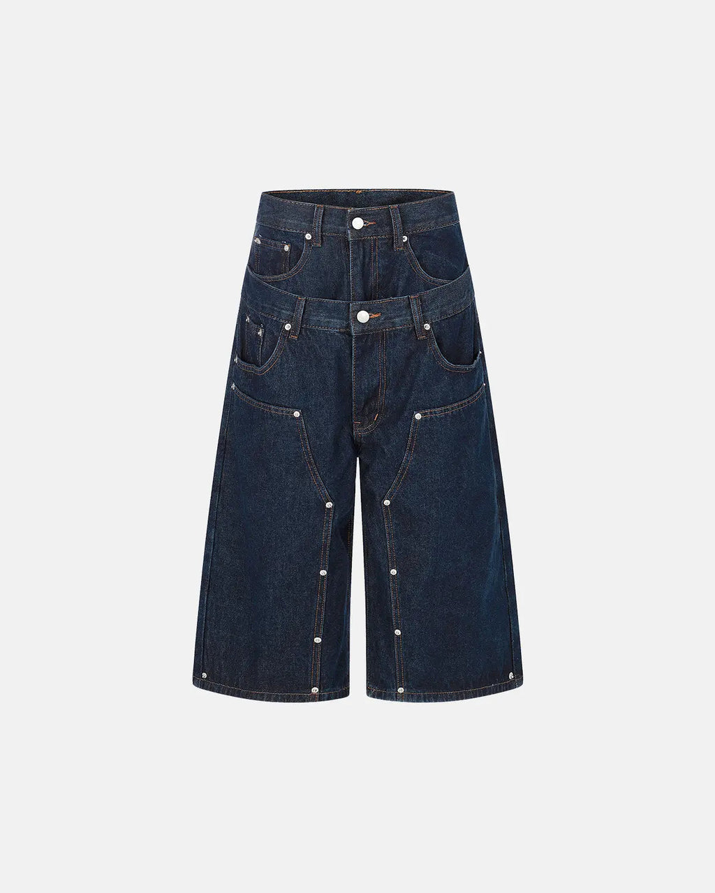 Inflation brand double waist studded denim long jorts, stylish men's pants with distressed details and metal stud accents.