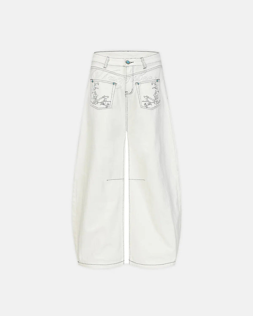 Graphic embroidered washed barrel jeans by INFLATION Streetwear, featuring unique embroidery details and a relaxed fit.