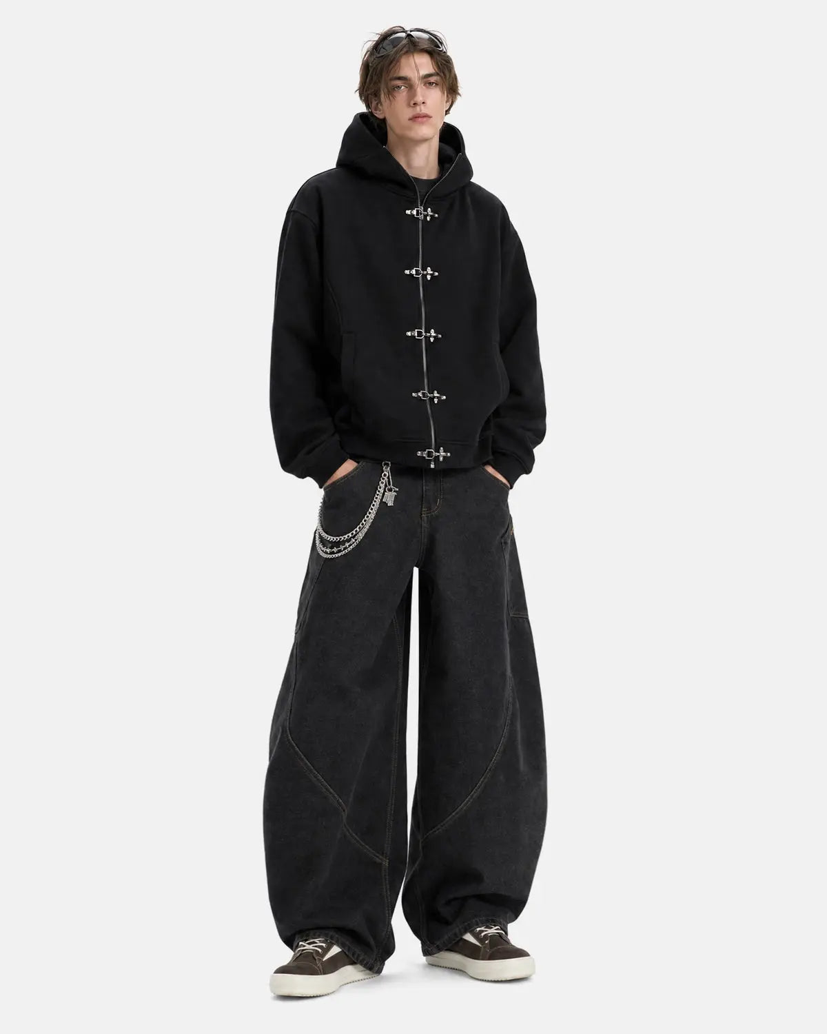 Inflation Streetwear metal clasp boxy zip-up hoodie with front pockets and silver hardware, casual streetwear style.