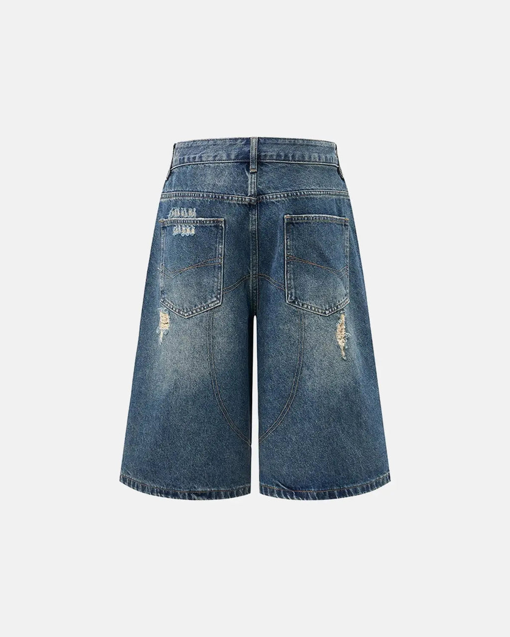 Light blue heavy washed distressed baggy jorts by Inflation Streetwear, showing frayed edges and relaxed fit denim pants.